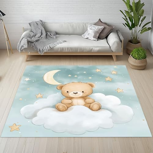 Dyjuaa Niedlich Bär Teppich Schlafzimmer 120x180 cm, Fantasy Wolke Mond Stern Waschbarer Teppiche Kinderzimmer Kurzflor Antirutschmatte Carpet Weich für Wohnzimmer Jugendzimmer