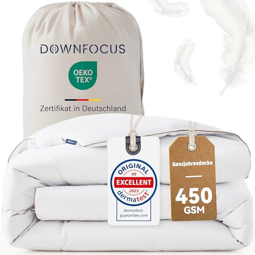 DOWNFOCUS Komfort Bettdecke 200x200 | 100% Weiche Federn & Daunen | Oeko-Tex, RDS Zertifiziert für Tierwohl | Ganzjahres Federbett Daunendecke 200x200cm Bezug aus 100% Baumwolle