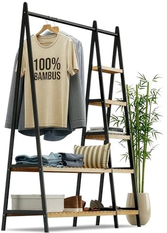 RoyalGrove® Kleiderständer, Kleiderstange, Garderobenständer, 44 x 110 x 160 cm, Garderobe, Schuhablage, offener Kleiderschrank, 7 Ablagen, Schlafzimmer, Flur, Bambus, schwarz