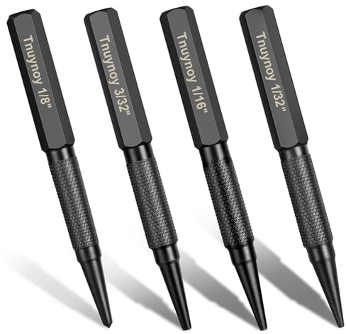 4 PCS Nail Punch and Center Punch Tool Set, 3/32, 1/32, 1/16 Nail Setter, 1/8 Center Punch for Metal, Woodworking, Carpenters and DIYers, Hardened Cr-V Steel, Non-Slip Knurled Grip, Black
