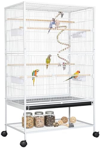 LIFERUN Vogelkäfig groß,Vogelkäfig aus Metall,mit Futternapf,Käfigspielzeug | Vogelbauer mit 4PCS Rollen, Wellensittich käfig, Spring-Schaukel für Vogel mit 2 Türen 4 Holzstangen, 132 x 78 x 52 cm