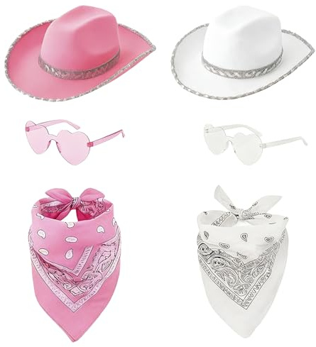 WZHHDM Chapeau de cowboy en sequins pour femmes, ensemble de 6 pièces de chapeau de cowboy pour femmes avec bandana, cœur, lunettes de soleil pour les fêtes de fiançailles, accessoires de costume
