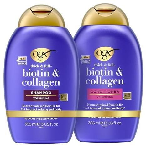 OGX Thick & Full Biotin & Collagen Conditioner + Shampoo, Nutrient Rich Hair Care, Sulphate Free, 2 x 385 ml, for Fine & Thin Hair, with Biotin, Collagen & Wheat Proteins