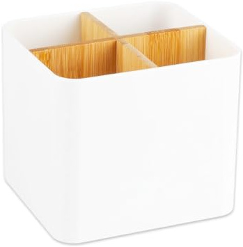 Shuqio Schreibtisch Organizer mit 4 Fächern, Stiftehalter & Pinselhalter für Schreibtisch, Kompakte Aufbewahrungsbox aus Bambus für Büro, Schule & Make-up, Minimalistischer Stifteköcher - Weiß