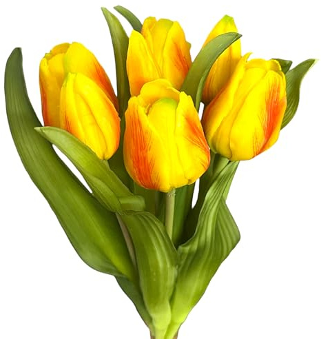 Floratexx Künstlicher Tulpen-Bund 32cm Soft-Touch Kunstblume, Kunstpflanze, künstliche Tulpe Gelb-Orange