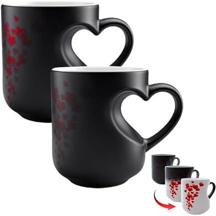 Tasse à café magique en céramique en forme de cœur à changement de couleur pour la Saint Valentin, motif romantique surprise avec boisson chaude, cadeau amusant pour les couples (noir A pièces)