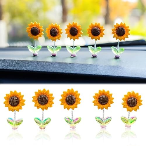 Set di 5 Girasoli Decorazioni Auto con Molla Oscillante, Accessori Auto Interno e Gadget per Macchina, Piccoli Ornamenti Girasole per Cruscotto, Ufficio e Casa, Regalo Donna e Uomo