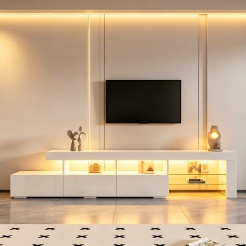 Yihomfy Meuble TV LED 180 cm, Meuble Tele avec Rangement, Meuble TV LED Haute Brillance, pour TV jusqu'à 75 Pouces, Blanc, 180 x 35 x 45 cm