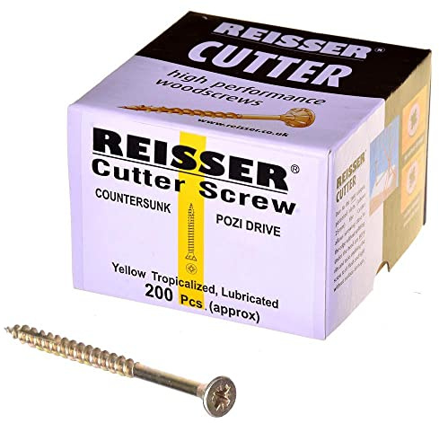 Reisser 8221S220501004 Cutter Pozi Countersunk Head Full Thread Yellow Tropicalized Woodscrew 200-Pieces, 5 mm Diameter x 100 mm Length