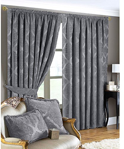 Riva Paoletti Winchester Vorhänge mit Bleistiftfalten, 1 Paar, Silbergrau, traditionelles Diamant-Jacquard, fertig konfektioniert, Raffhalter inklusive, Polyester, 168 x 183 cm