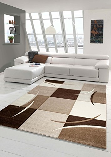Designer Teppich Moderner Wohnzimmer Kurzflor Mit Konturenschnitt Karo Muster Braun Beige Mocca - Größe 80 x 300 cm