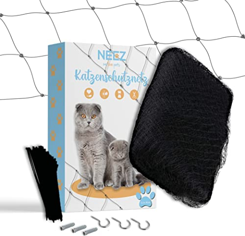 NEEZ Katzennetz für Balkon & Fenster ohne Bohren 3 x 6m - Schwarzes Robustes Katzenschutznetz inkl. Befestigungsset - Katzen Netz reißfest & wetterfest - Zuschneidbares Netz - Balkonschutz für Katzen