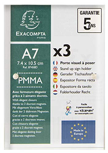 Exacompta - Réf. 87458D - 1 Lot de 3 porte-visuels avec fermeture magnétique A7 - Dimensions 74 x 105 mm - PMMA (acrylique) porte-photos, documents, affiche, hôtels, magasin - Couleur Cristal