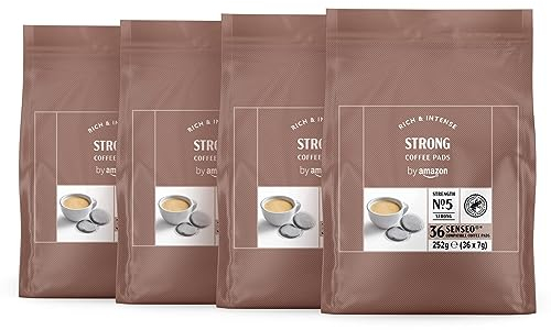by Amazon - Almohadillas café fuerte, tueste oscuro, compatibles con Senseo, 144 unidades, 4 Paquetes de 36, certificado Rainforest Alliance