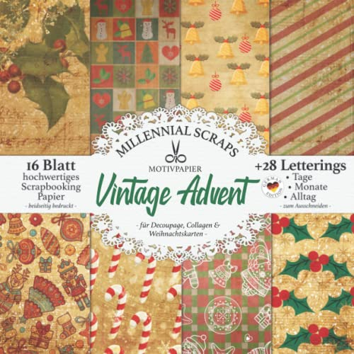 MOTIVPAPIER Vintage Advent – für Decoupage, Collagen & Weihnachtskarten –: DIY Bastelpapier & Zubehör zum Ausschneiden I Mit Letterings I Kalender Basteln, Tagebuch Deko & Junk Journal Inspo