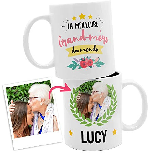 ETIKIDS Tasse céramique LA MEILLEURE GRAND-MÈRE DU MONDE avec prénom et photo personnalisés. Idéal cadeau de Noël ou d'anniversaire personnalisé original. Mug de petit déjeuner 325 ml