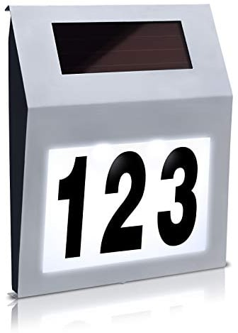 YUENFONG Hausnummer Beleuchtet Solar LED Solarhausnummer Edelstahl Hausnummernleuchte 2 LED mit Dämmerungsschalter (Silber)