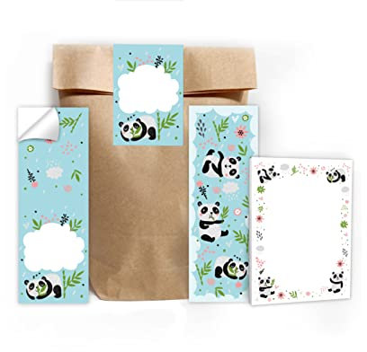12 Lesezeichen + 12 Mini-Notizblöcke + 12 Geschenktüten (Natur) + 12 Aufkleber Panda Mitgebsel Gastgeschenk beim Kindergeburtstag Mädchen Jungen