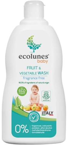 Ecolunes detergente ipoallergenico per frutta e verdura, senza profumo, 99,5% di ingredienti di origine naturale, dermatologicamente testato, non provoca allergie, 500 ml