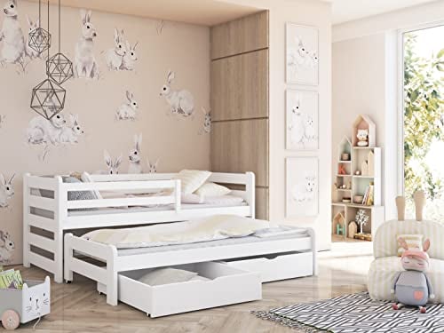 Einzelbett 90x200 cm mit Rausziehbett 90x190 cm mit Zwei Schubladen, Rausfallschutz und Lattenrosten, Vollholz massiv in Weiss, Kinderbett Funktionsbett 90x200 cm | von 4. bis 18. Lebensjahr