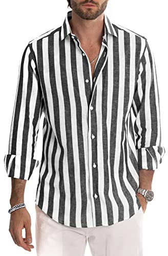 AUDATE Mens Casual Cotton Shirt Long Sleeve Striped Shirt Regular Fit Button Down Beach Shirts Black 3XL