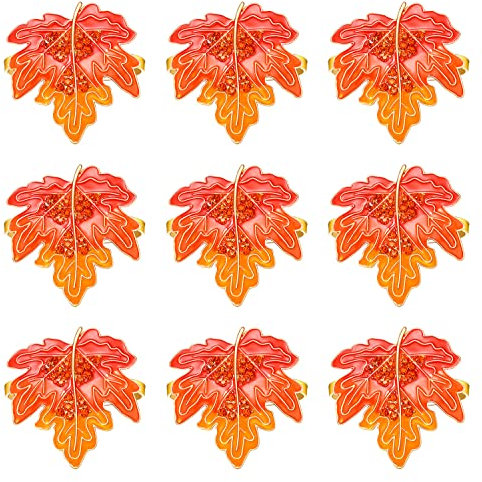 YAHPERN 9 Stück Herbst-Serviettenringe, Emaille, Thanksgiving, Serviettenringe für Tischdekoration, Ernte, Kürbis, Ahornblatt, Tischdekoration, Dekoration (Ahornblatt 2)