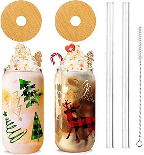 Christmas Cups, 18oz Christmas Coffee Mugs Beer Can Glass with Lid and Straw Colorful Xmas Tree Elk Tumbler Drinking Glasses Glassware Drinkware Cookie Jar Home Decoration Gifts for Women Kids Men