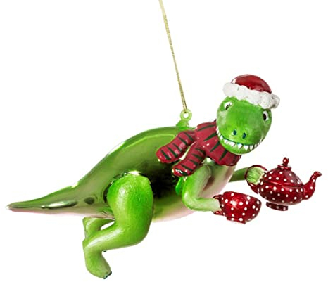 itsisa Baumschmuck Dinosaurier T-Rex mit Teekanne - Baumkugel, Weihnachtsdeko, Christbaumkugel, Christbaumschmuck