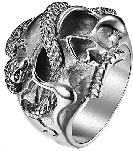JewelryWe Schmuck Herren-Ring, Gotik Punk Schlange Totenkopf Schädel Edelstahl Biker Ring Band Bandring mit Gravur, Silber Größe 65