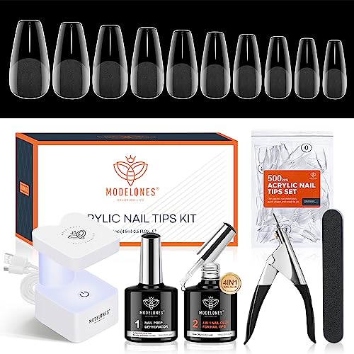 modelones Capsule Americaine Ongle, Pose Americaine Ongle Kit, 500 Pose Americaine Capsules Ongles,Primer Ongle, Mini Lampe et Colle Faux Ongles 4 en 1, Pour kit Faux Ongles Long, Kit Manucure