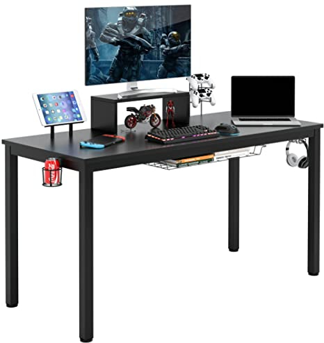 LIFEZEAL Scrivania Computer Gaming, con Supporto di Monitor, Cuffie, Tablet, Portabicchiere, Mensola, Tavolo per Gamer, Studio, Gioco, Postazione di Lavoro, Legno+Metallo, Max 60kg, 140x60x74cm