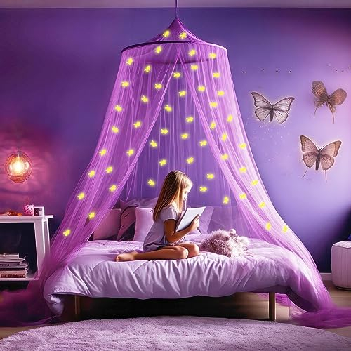 UB-STORE Lila Betthimmel mit vorgeklebten leuchtenden Einhörner - Violett Prinzessinen Moskitonetz für Mädchen Zimmerdekoration - Himmelbett Vorhänge für Kinder und Baby Bett