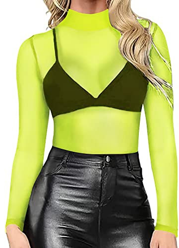 Smile Fish Womens Long Sleeve Sheer Mesh Top Sexy Turtleneck See Through Fitted Blouse Shirts, Neon Green, L