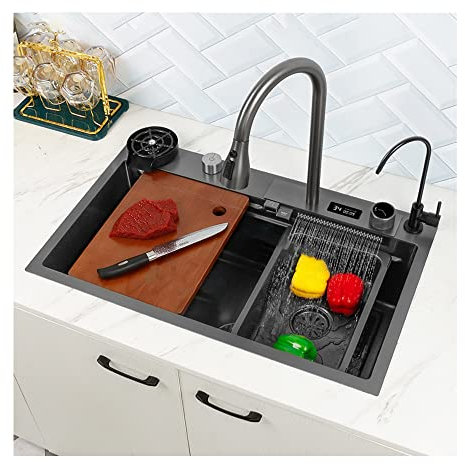 Fregaderos Negro Modernos para Cocina 1 Seno Kitchen Sink Fregadero de Cascada, Verduras Cuenco Individual con pantalla digital multifuncional Fly Rain Grifo extraíble y accesorios para fregadero ( Si