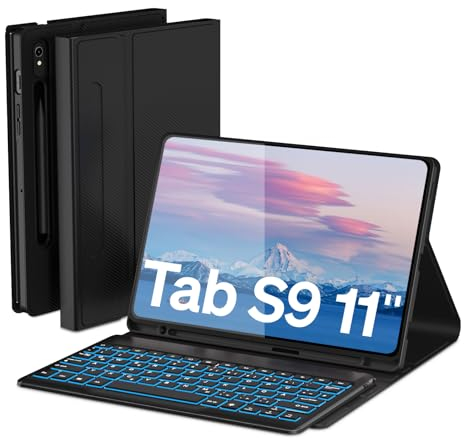 Doohoeek Tastatur Hülle für Samsung Galaxy Tab S9 11 2023, Bluetooth QWERTZ Tastatur mit 7 Farbige Hintergrundbeleuchtung für Samsung Galaxy Tab S9, Schwarz