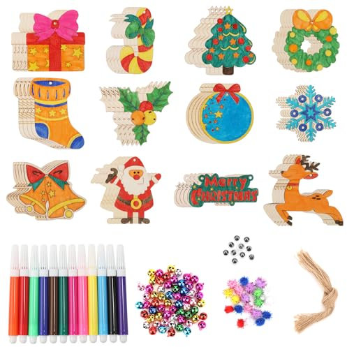 60pcs DIY Wooden Christmas Ornaments, Unfinished Wood Xmas Decorations Paintable Christmas Tree Ornaments for Christmas DIY Crafts