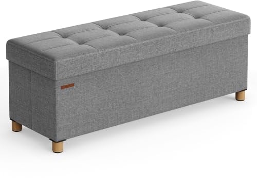 SONGMICS Sitzhocker mit Stauraum, klappbare Sitzbank mit Beinen, 38 x 110 x 40 cm Fußbank, Aufbewahrungsbox, bis 300 kg belastbar, für Wohnzimmer Schlafzimmer Flur, Taubengrau LSF018G12