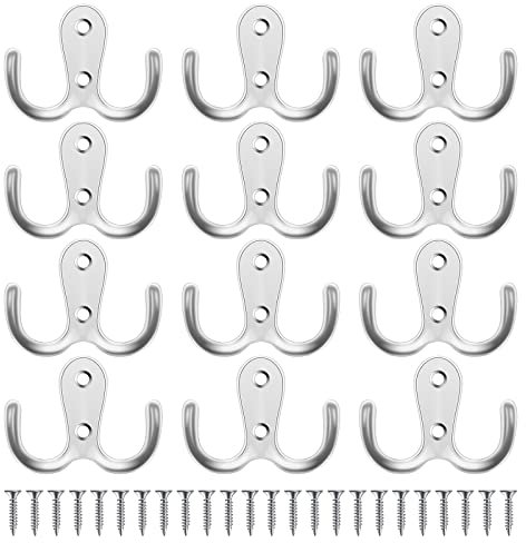12 Pcs Door Hooks, Double Coat Hooks with 24 Screws, Wall Hooks for Door & Wall, Heavy Duty Metal Door Hooks Screw in for Hanging Robe Towel Coat Hat Bag, for Shelves Drawers Bath Room Hooks, Silver