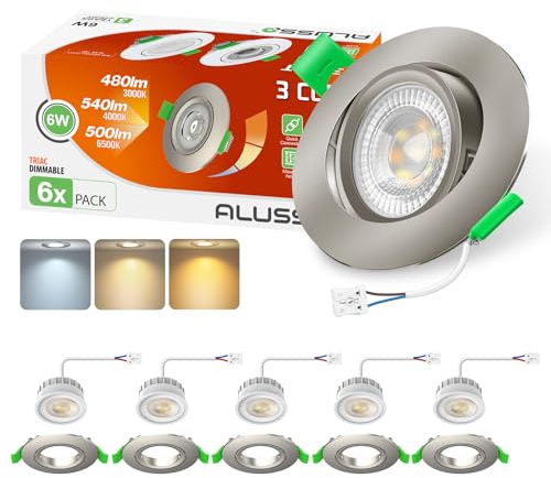 ALUSSO LIGHTING LED Einbaustrahler 230V Flach Dimmbar Spots 6W mit Abnehmbar Modul, 3CCT Warmweiß Naturweiß Kaltweiß Schwenkbar Einbauspots, Nickel Gebürstet, 6er Set