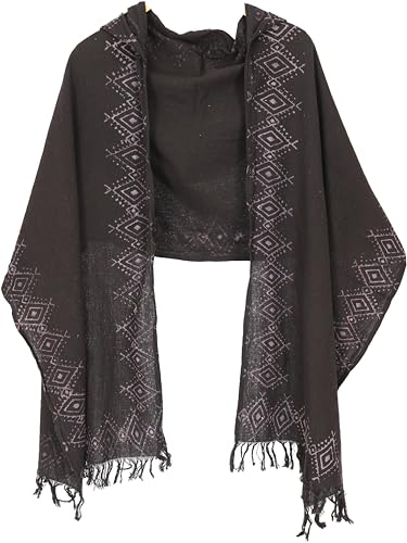 GURU SHOP Handgewebter Baumwollschal mit Kapuze, Handbedrucktes Tribalmuster, Poncho Schal - Dunkelbraun, Herren/Damen, Baumwolle