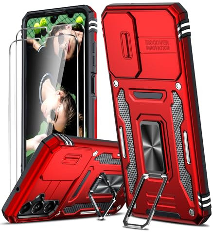 for Samsung Galaxy A05S Phone Case, with Camera Lens Cover Slider, 2 Pack Screen Protectors, Ring Stand Holder Military Grade Protective Shockproof Armour Cover for Samsung AO5S, Red