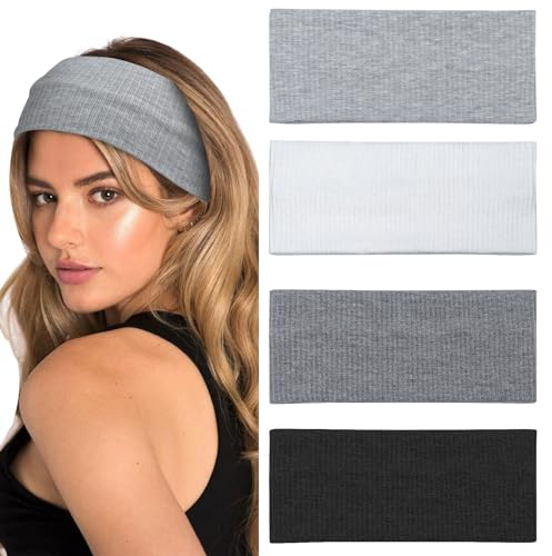 Blooms Stirnband Damen, 4 Stück Haarband Damen Elastisch Stirnbänder Breite Haarbänder Antirutsch Hairband Sport Yoga Fitness Laufen Exercise Gym (Schwarz Weiß Grau Dunkelgrau)