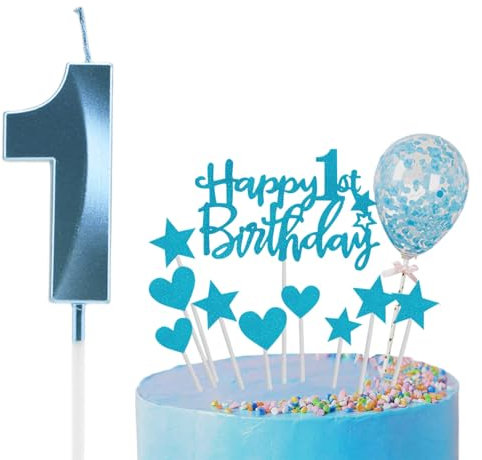 Bolosa Kerze 1. Geburtstag, 1 Geburtstag Mädchen Junge, Geburtstagskerzen Zahlen 1 mit Happy Birthday Cake Topper, Deko 1. Geburtstag Mädchen Geburtstagskerzen für Geburtstagsdeko (Blau)