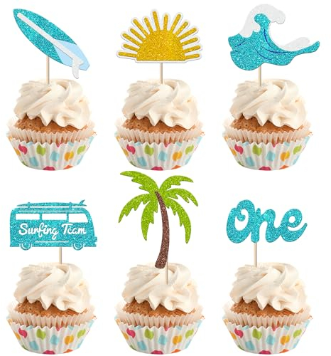 Xsstarmi 24 Pack Surfing Theme First Birthday Cupcake Toppers The Big One Party Decorations Surfboard Sport Cupcake Picks for Summer Beach Theme Baby Shower 1st Birthday Party Decorations