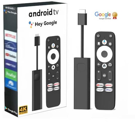 GoyaGirl Streaming Box Android TV Stick 4K UHD - SRT41 - Clé HDMI TV - Chromecast Built-in - Compatible Assistant Vocal - Dolby Atmos - Facile à Installer - Format Stick - Noir TV Box