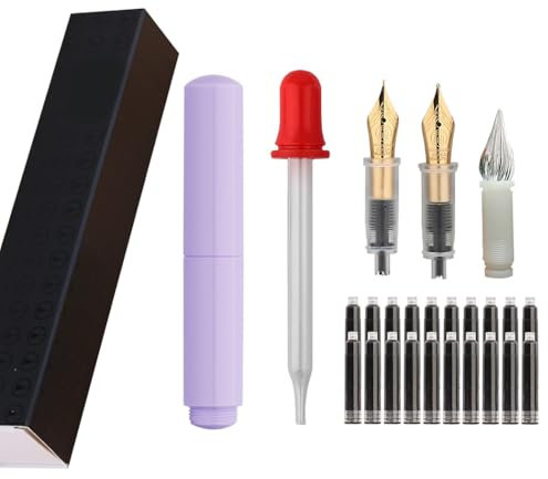 SIPLIV Majohn Wancai Mini Fountain Pen Pocket-Size Travel Pen Iridium Fine Nib Fountain Pen with 3 Pen Nibs, Short Size Eyedropper and 20 Black Ink Cartridges - Purple