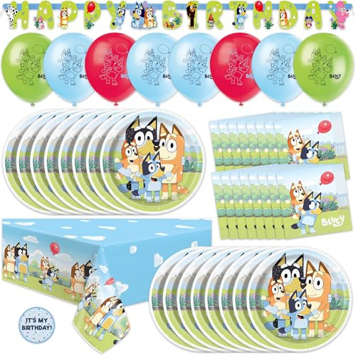 Unique Decoraciones y suministros de cumpleaños de Bluey | Sirve a 16 invitados | Banner de Bluey, mantel Bluey, globos azules, platos y servilletas azules, calcomanías | Decoraciones de fiesta Bluey