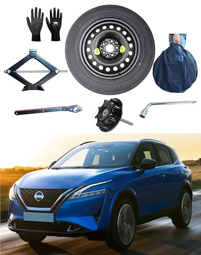 Ersatzrad-Set 17 Zoll Reifen, kompatibel mit Nissan Qashqai J12 (2022>) mit Wagenheber, Schlüssel, Schraube, Handschuhe und Tasche 155/90 R17