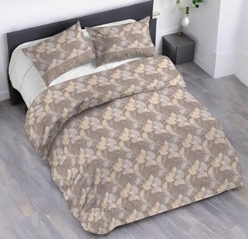 Riad Arredo Bettwäsche-Set, weich, 100 % reine italienische Baumwolle, Bettbezug mit Kissenbezügen, hergestellt in Italien (taubenfarbene Blätter, Einzelbett 155 x 240 + 1 Kissenbezug 52 x 82)