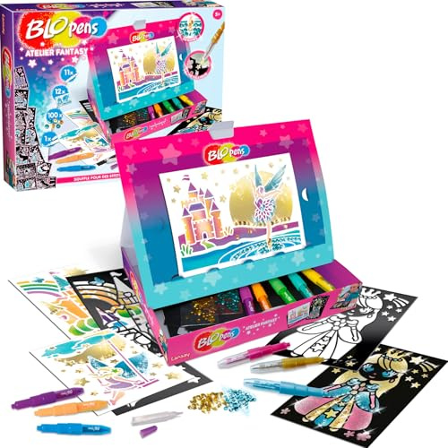 LANSAY - BLOPENS - Fantasy Kreativ-Set - Transformierbare Pupitreschachtel + 11 Sprühstifte + Schablonen + Glitzerpailletten - Geschenkidee für Kinder ab 5 Jahren - Glitzer-Zeichenkit